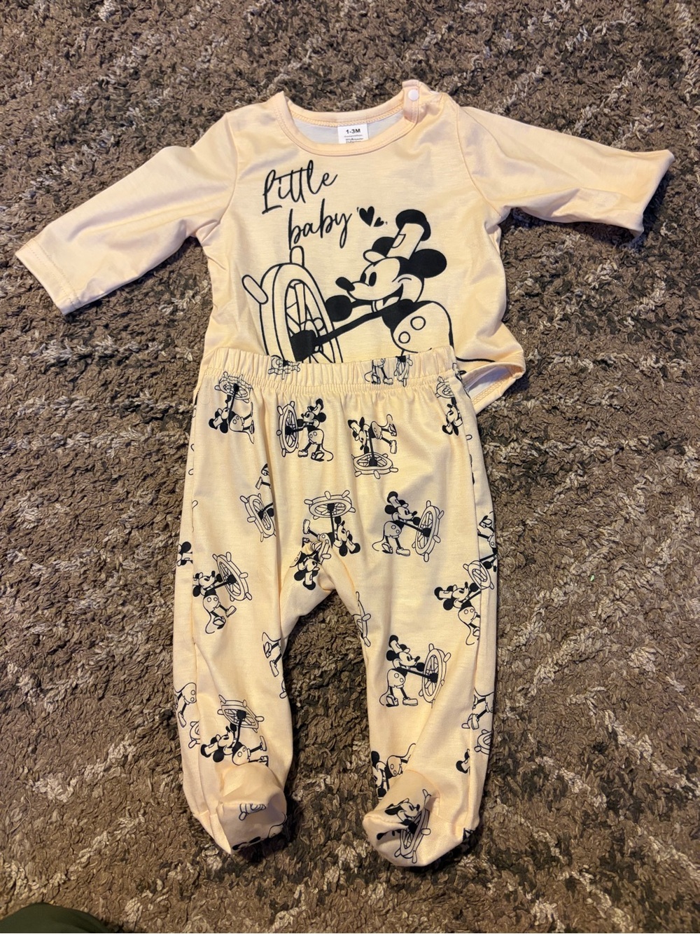 Disney Beige Little Baby Mickey Footed One-Piece Set